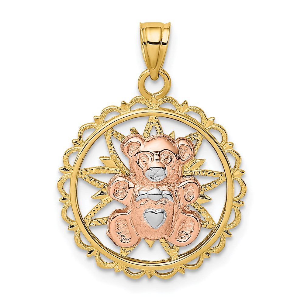 Million Charms 14K Two-Tone/Rhodium-plated Teddy Bear On Cut-Out Disc Charm