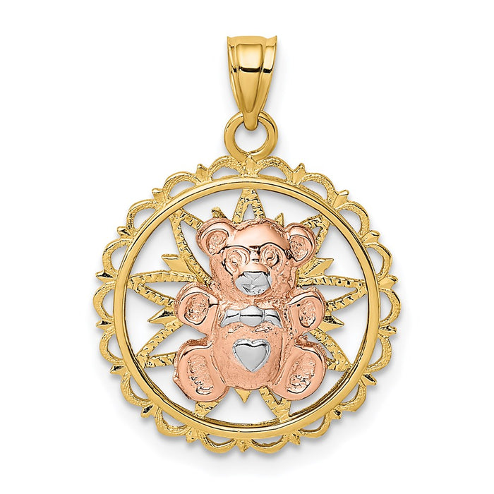 Million Charms 14K Two-Tone/Rhodium-plated Teddy Bear On Cut-Out Disc Charm