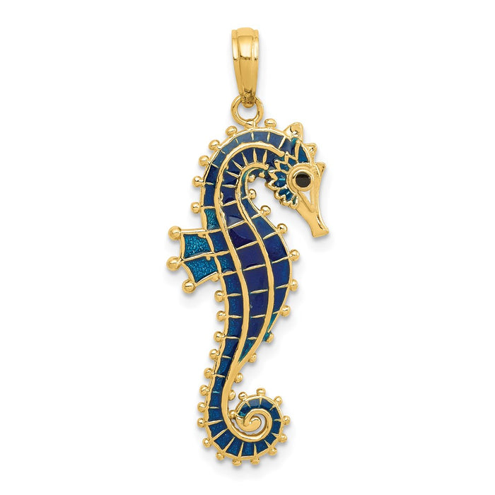 Million Charms 14K Yellow Gold Themed 3-D Blue Enameled Nautical Seahorse Pendant