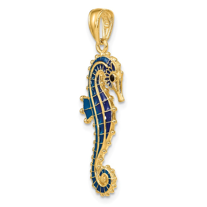 Million Charms 14K Yellow Gold Themed 3-D Blue Enameled Nautical Seahorse Pendant