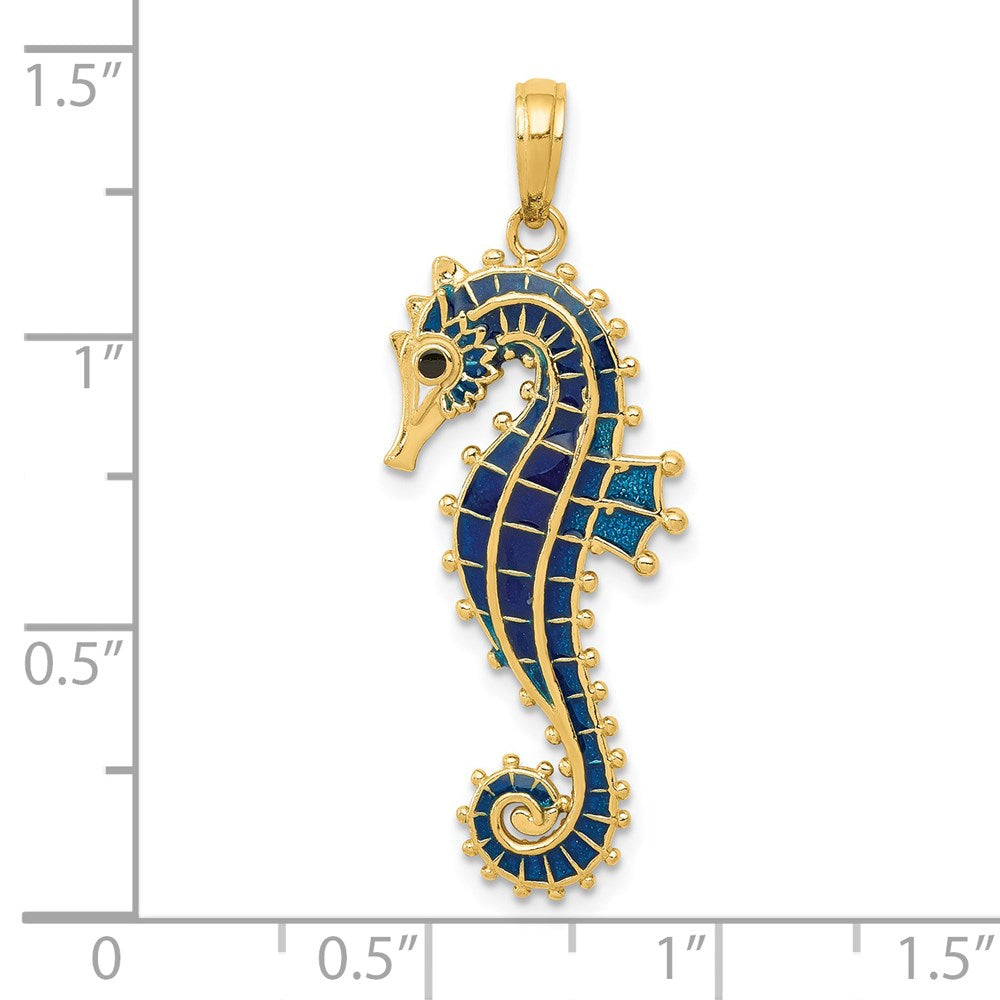 Million Charms 14K Yellow Gold Themed 3-D Blue Enameled Nautical Seahorse Pendant