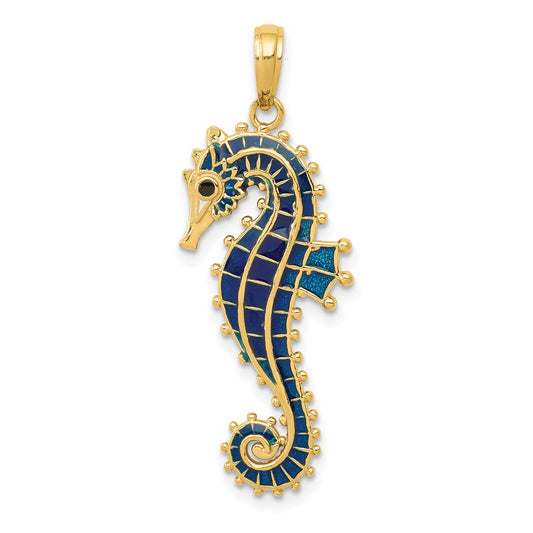 Million Charms 14K Yellow Gold Themed 3-D Blue Enameled Nautical Seahorse Pendant