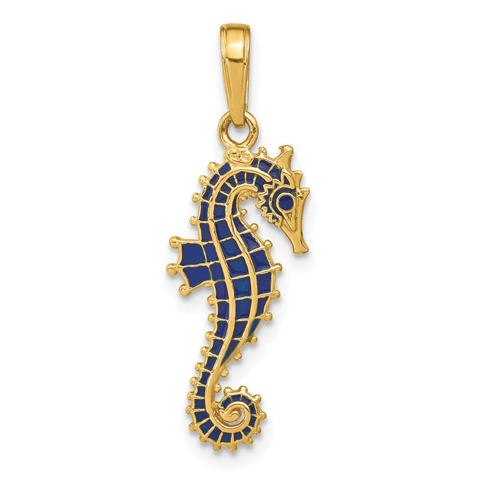 Million Charms 14K Yellow Gold Themed 3-D Blue Enameled Nautical Seahorse Pendant