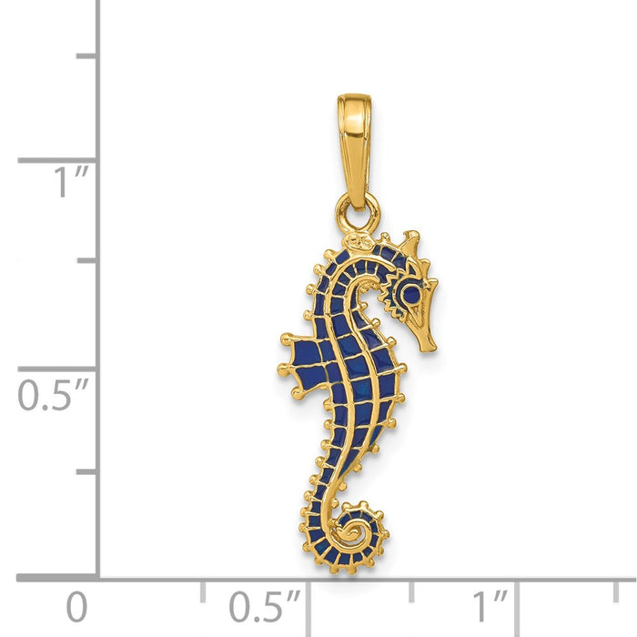 Million Charms 14K Yellow Gold Themed 3-D Blue Enameled Nautical Seahorse Pendant