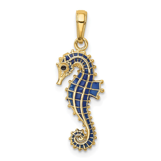 Million Charms 14K Yellow Gold Themed 3-D Blue Enameled Nautical Seahorse Pendant