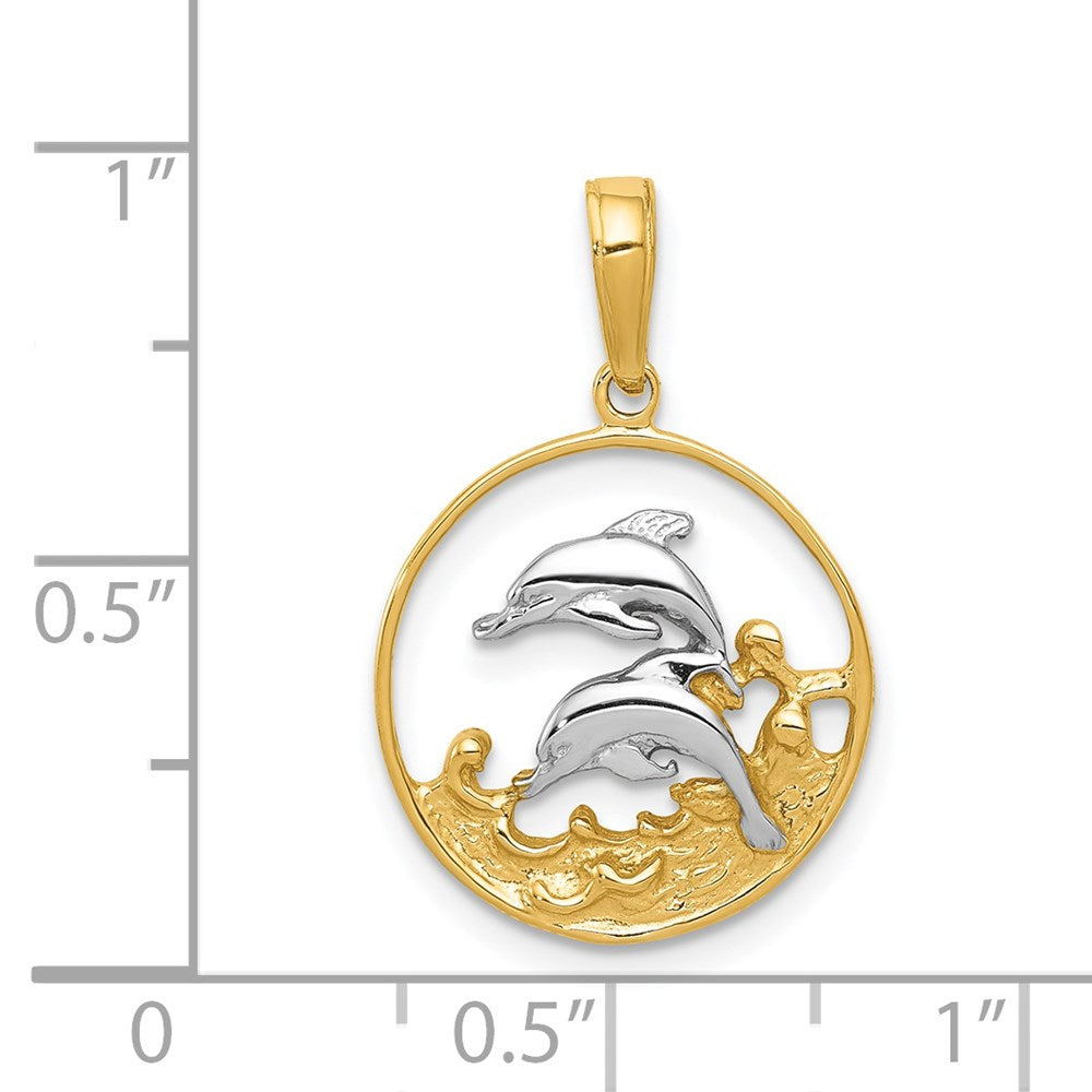Million Charms 14K Yellow Gold Themed, Rhodium-plated Double Dolphins In Circle Pendant