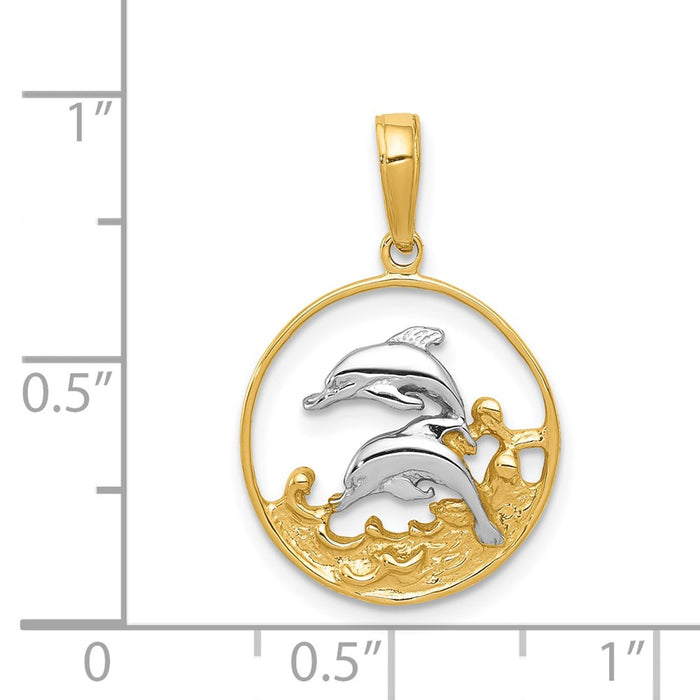 Million Charms 14K Yellow Gold Themed, Rhodium-plated Double Dolphins In Circle Pendant