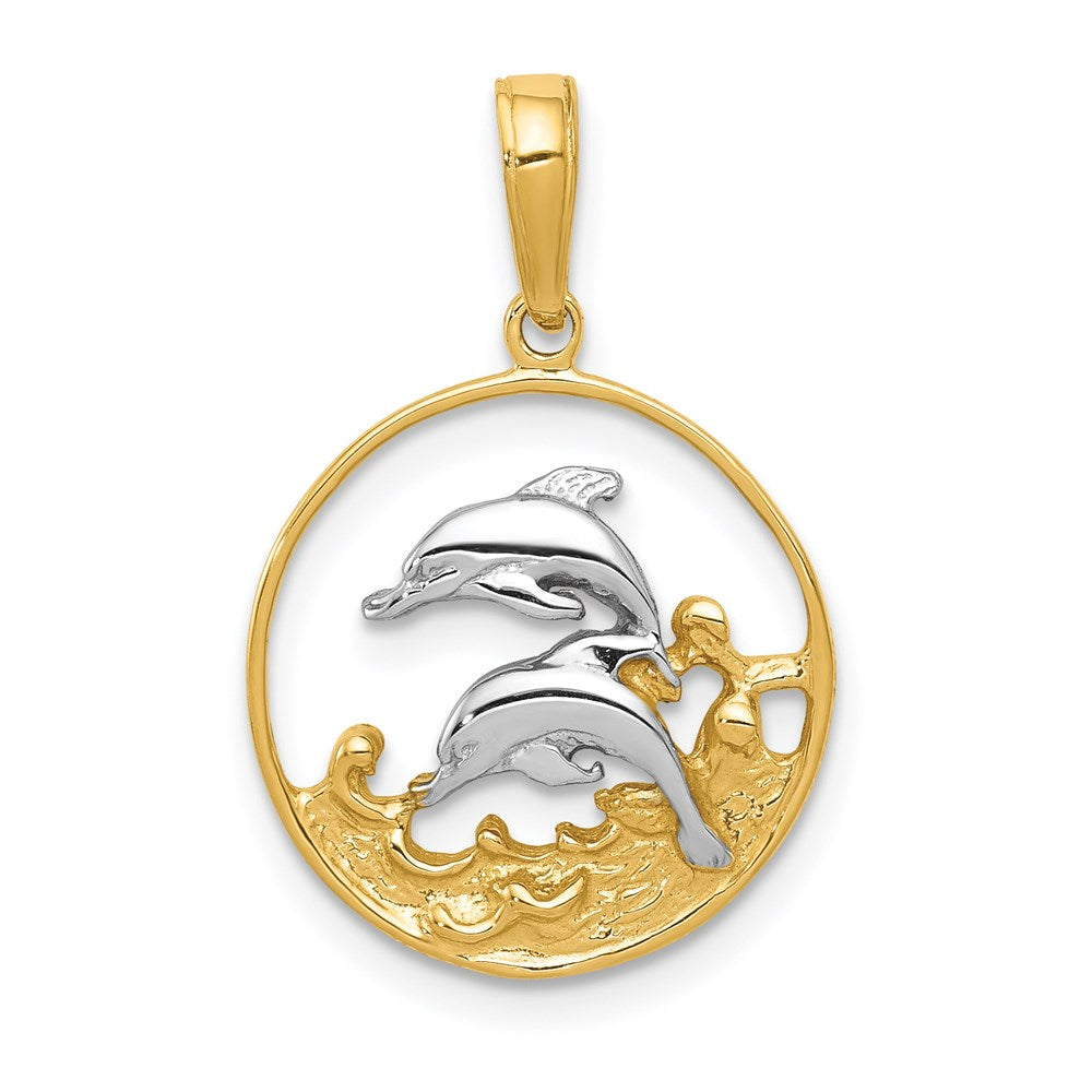 Million Charms 14K Yellow Gold Themed, Rhodium-plated Double Dolphins In Circle Pendant