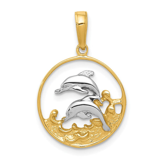 Million Charms 14K Yellow Gold Themed, Rhodium-plated Double Dolphins In Circle Pendant