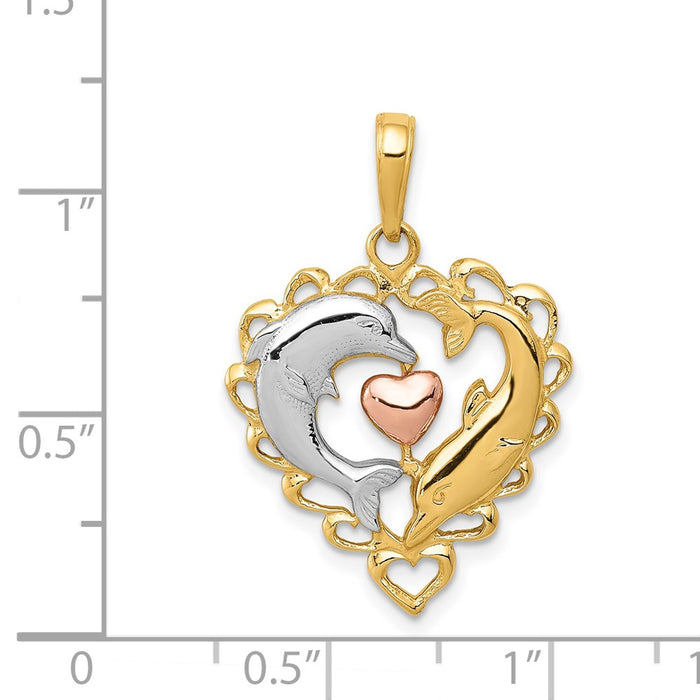 Million Charms 14K Two-Tone & Rhodium-plated Dolphins In Heart Pendant