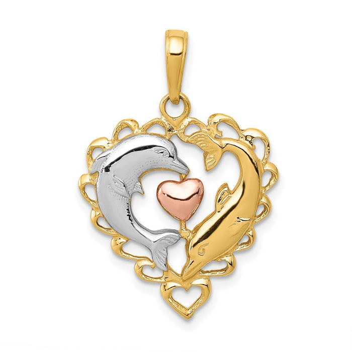 Million Charms 14K Two-Tone & Rhodium-plated Dolphins In Heart Pendant