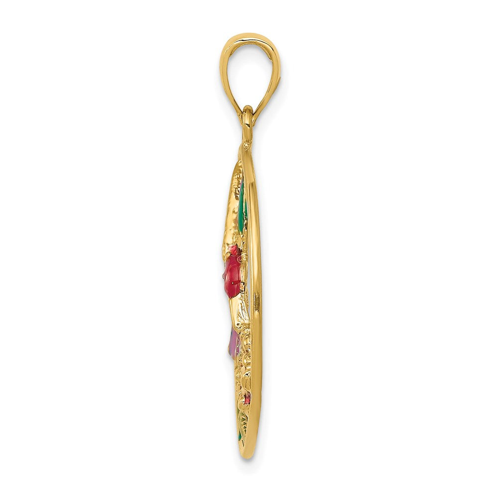 Million Charms 14K Yellow Gold Themed Enameled Hummingbird & Flower Round Frame Pendant