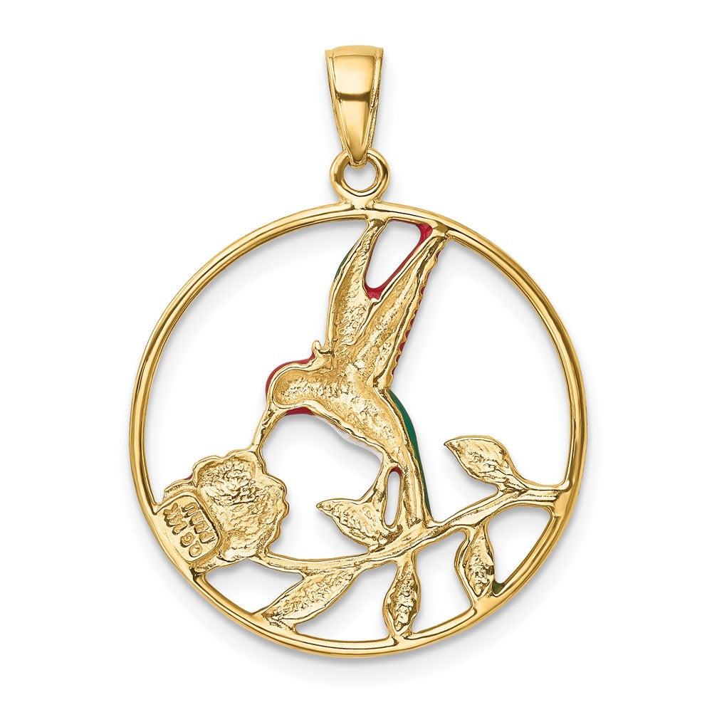 Million Charms 14K Yellow Gold Themed Enameled Hummingbird & Flower Round Frame Pendant