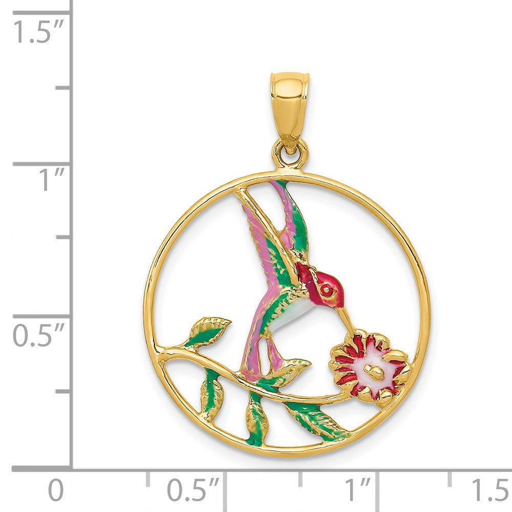Million Charms 14K Yellow Gold Themed Enameled Hummingbird & Flower Round Frame Pendant
