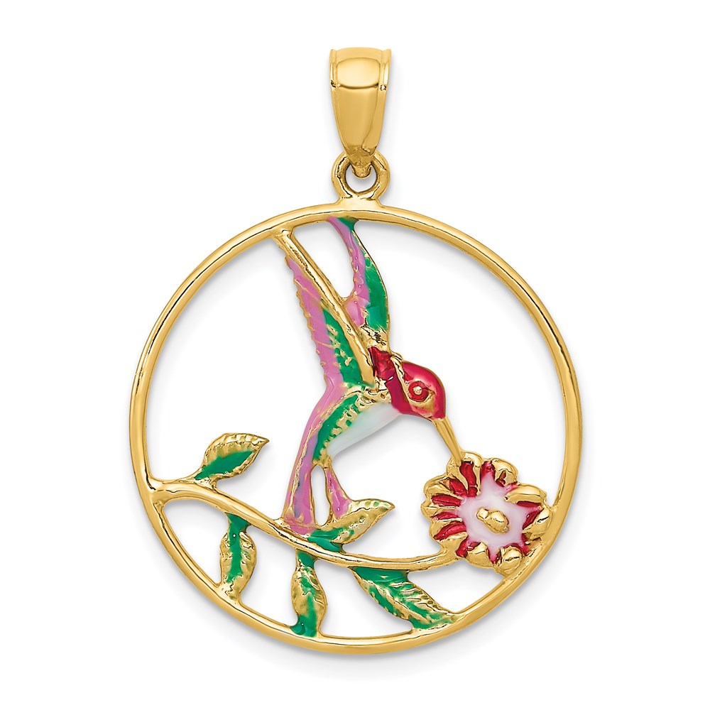 Million Charms 14K Yellow Gold Themed Enameled Hummingbird & Flower Round Frame Pendant