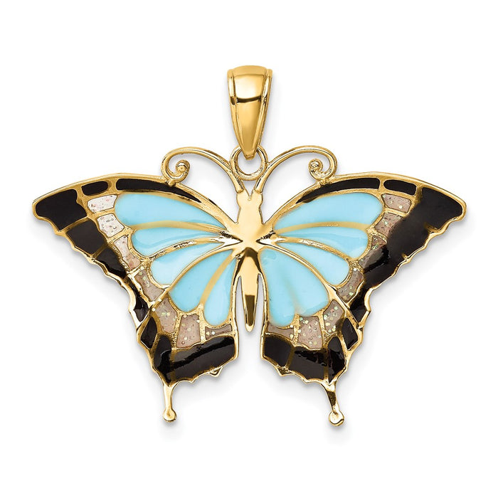 Million Charms 14K Yellow Gold Themed Aqua Enameled Butterfly Pendant