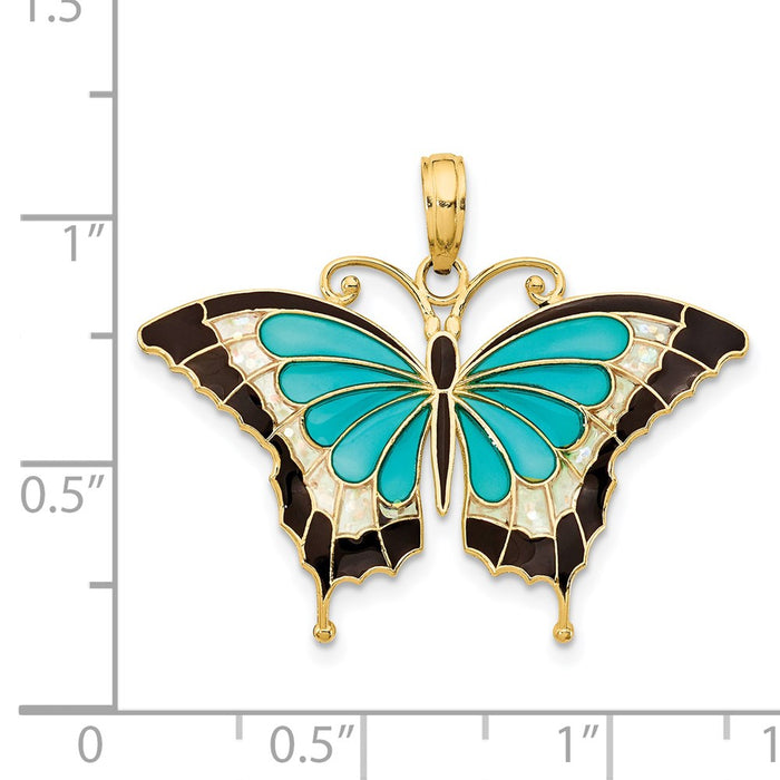 Million Charms 14K Yellow Gold Themed Aqua Enameled Butterfly Pendant