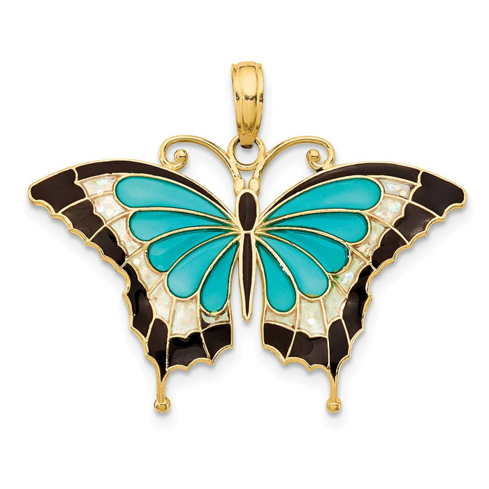 Million Charms 14K Yellow Gold Themed Aqua Enameled Butterfly Pendant