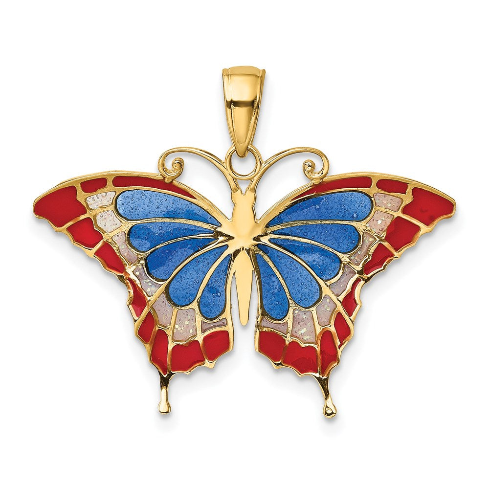 Million Charms 14K Yellow Gold Themed Blue & Red Enameled Butterfly Pendant
