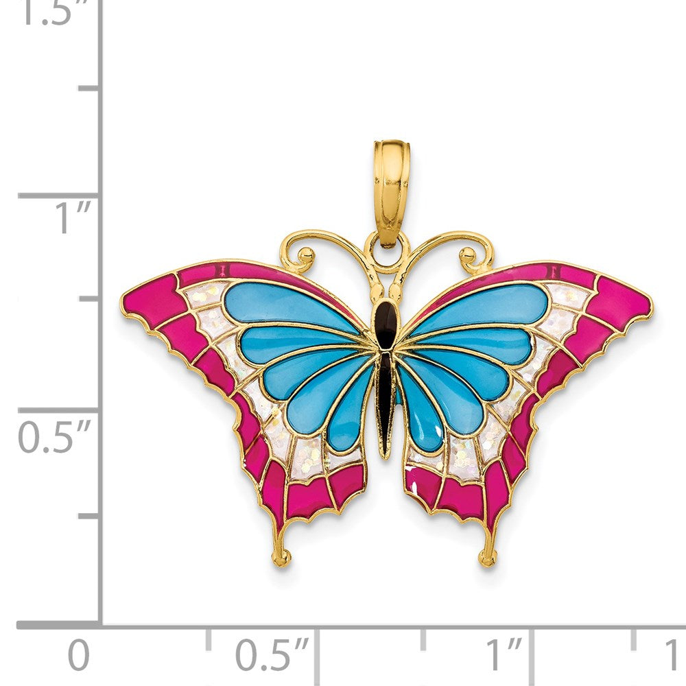 Million Charms 14K Yellow Gold Themed Blue & Red Enameled Butterfly Pendant