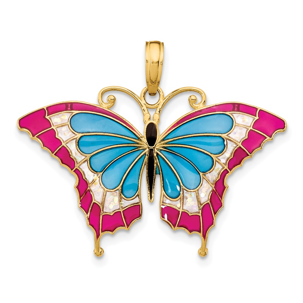 Million Charms 14K Yellow Gold Themed Blue & Red Enameled Butterfly Pendant