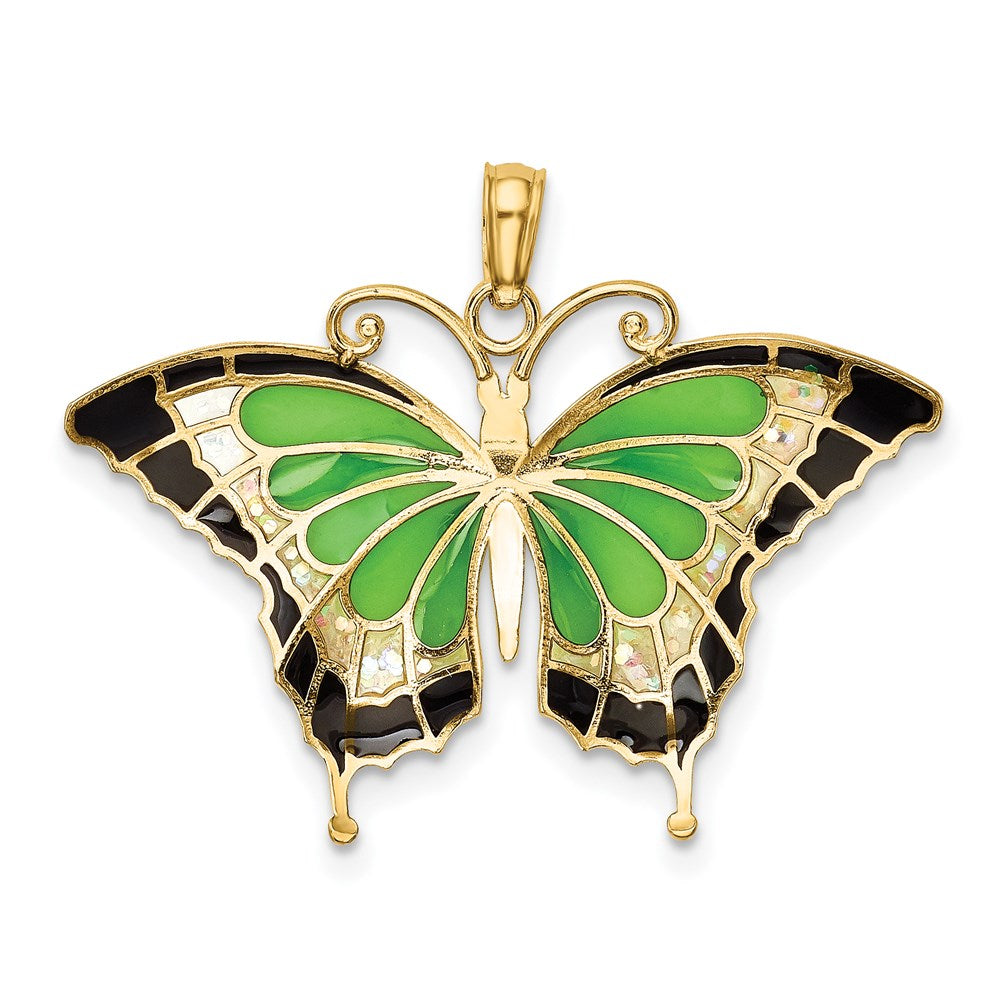 Million Charms 14K Yellow Gold Themed Green Enameled Butterly Pendant