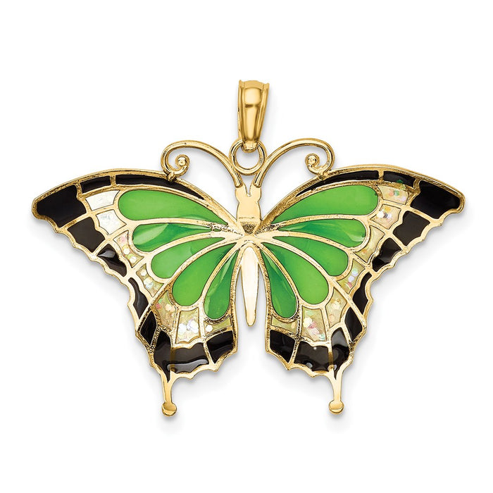 Million Charms 14K Yellow Gold Themed Green Enameled Butterly Pendant