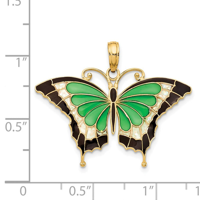 Million Charms 14K Yellow Gold Themed Green Enameled Butterly Pendant