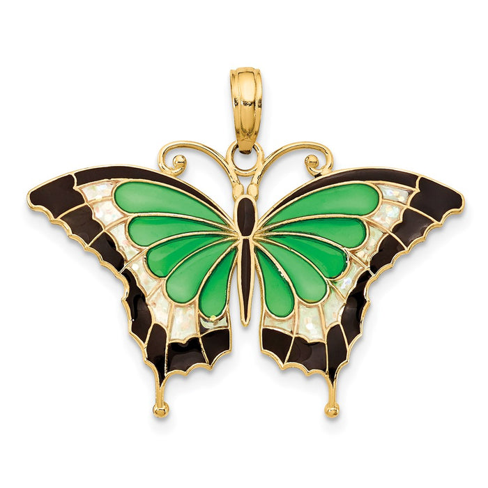 Million Charms 14K Yellow Gold Themed Green Enameled Butterly Pendant