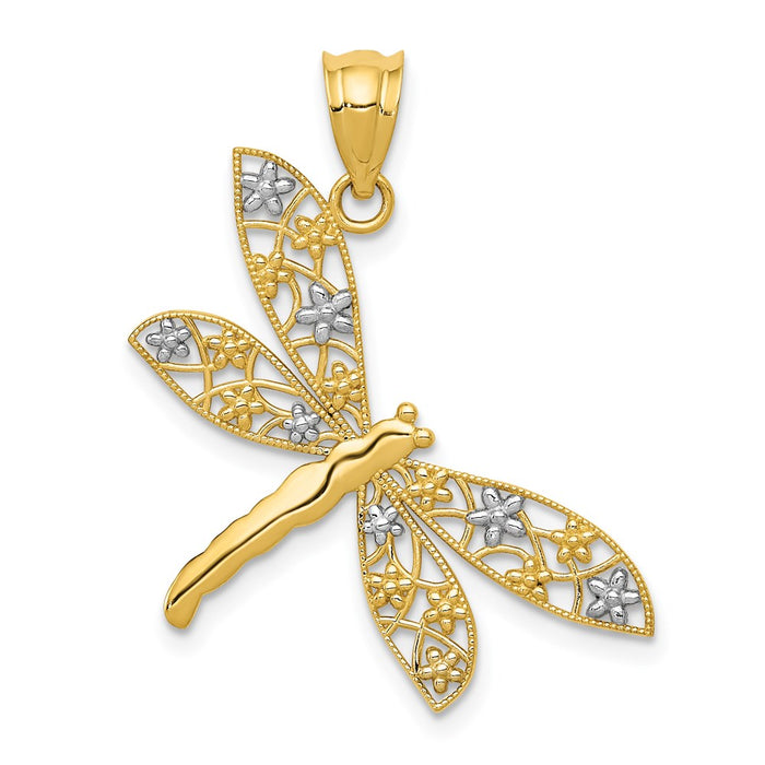 Million Charms 14K Yellow Gold Themed, Rhodium-plated Filigree Dragonfly Pendant