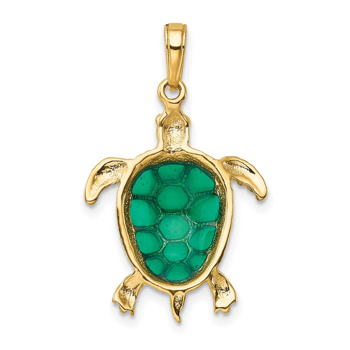 Million Charms 14K Yellow Gold Themed Green Enameled Sea Turtle Pendant