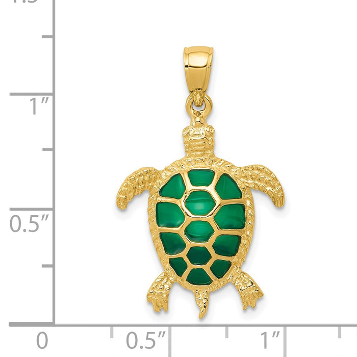 Million Charms 14K Yellow Gold Themed Green Enameled Sea Turtle Pendant