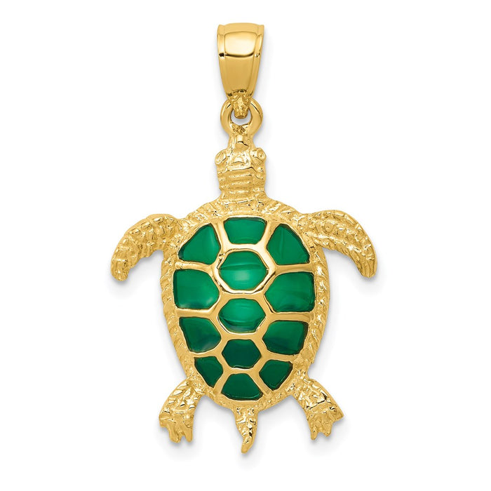 Million Charms 14K Yellow Gold Themed Green Enameled Sea Turtle Pendant