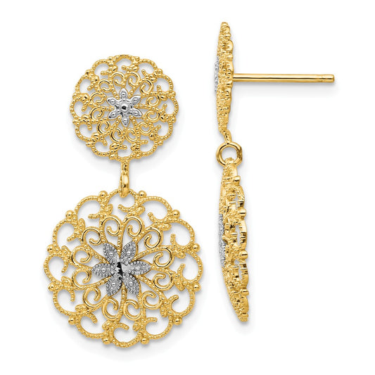 Million Charms 14K & Rhodium Diamond-cut Filigree Medallion Drop Post Earrings, 27mm x 14mm