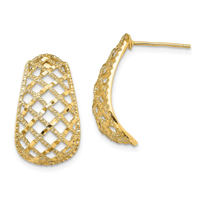 Million Charms 14k Yellow Gold Diamond-cut Basket Weave J-Hoop Post Earring, 20mm x 20mm