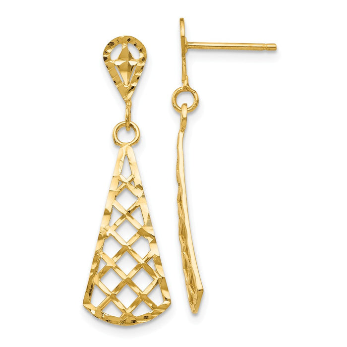 Million Charms 14k Yellow Gold Diamond-cut Inverted Fan Dangle Post Earring, 29mm x 9mm