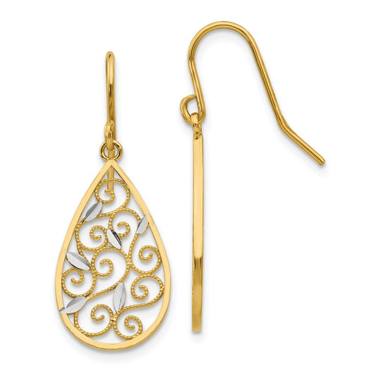 Million Charms 14K & Rhodium Diamond-cut Filigree Teardrop Wire Earrings, 32mm x 12mm