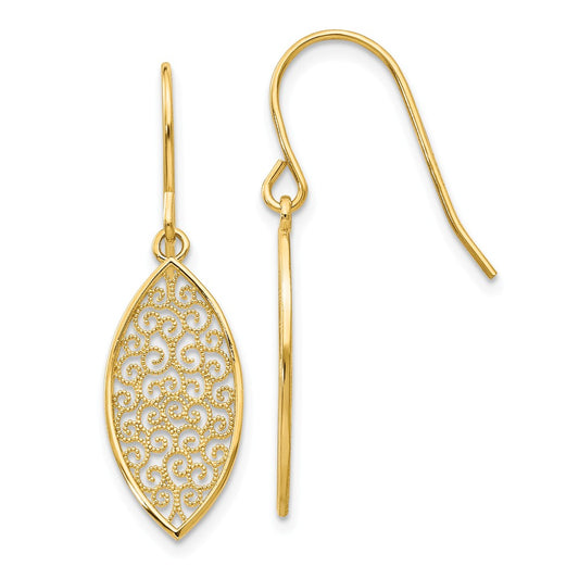 Million Charms 14k Yellow Gold Fancy Filigree Teardrop Dangle Earrings, 27mm x 8mm