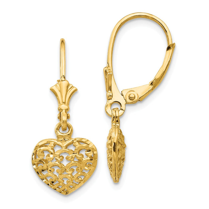 Million Charms 14k Yellow Gold 3-D Diamond-cut Mini Puffed Heart Leverback Earrings, 26mm x 10mm