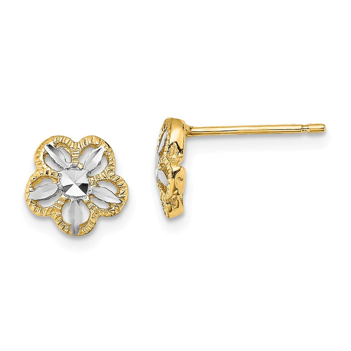 Million Charms 14K & Rhodium Diamond-cut Flower Post Earrings, 7.9mm x 7.9mm