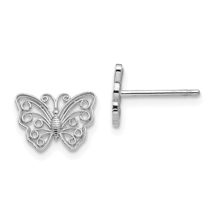 Million Charms 14K White Gold Butterfly Post Earrings, 7.6mm x 10.4mm