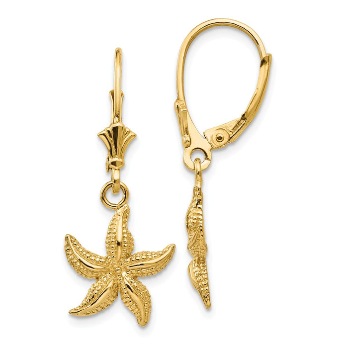 Million Charms 14k Yellow Gold Starfish Leverback Earrings, 31mm x 12mm