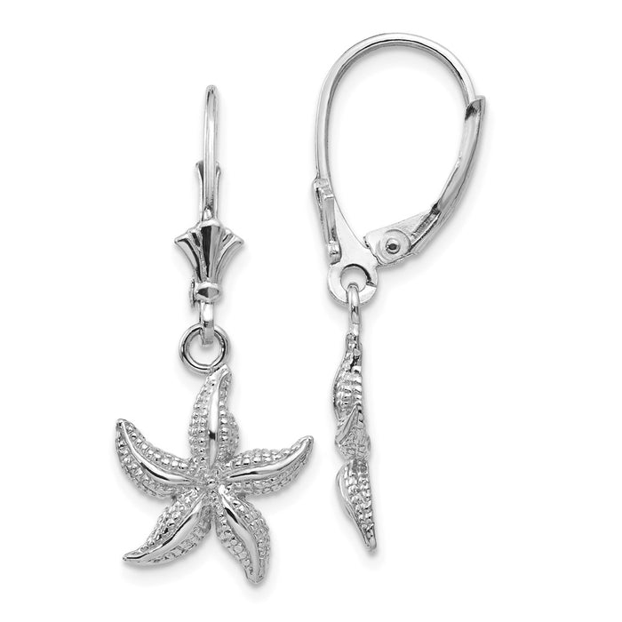 Million Charms 14K White Gold Starfish Leverback Earrings, 31mm x 12mm