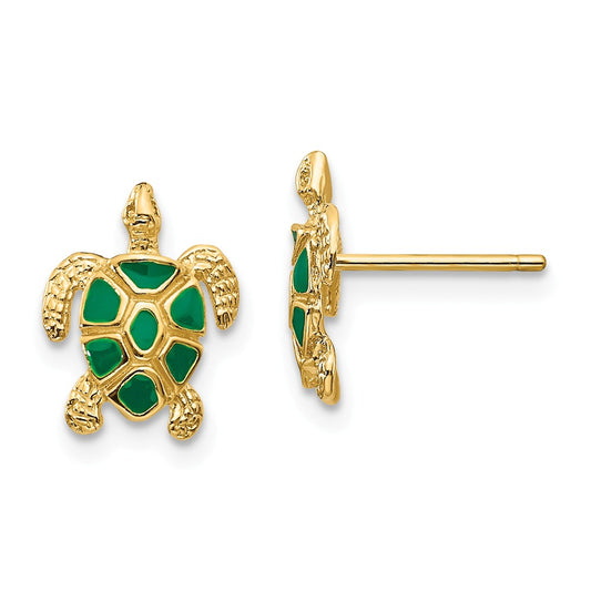 Million Charms 14k Yellow Gold Green Enameled Sea Turtle Post Earrings, 11mm x 9mm
