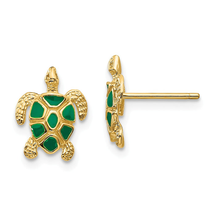 Million Charms 14k Yellow Gold Green Enameled Sea Turtle Post Earrings, 11mm x 9mm