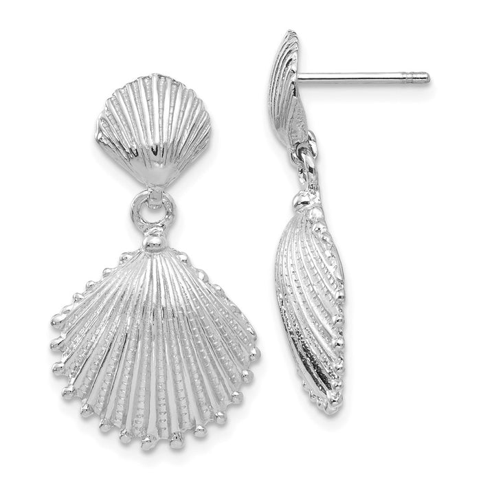 Million Charms 14K White Gold Scallop Shell Dangle Post Earrings, 25.4mm x 14.5mm