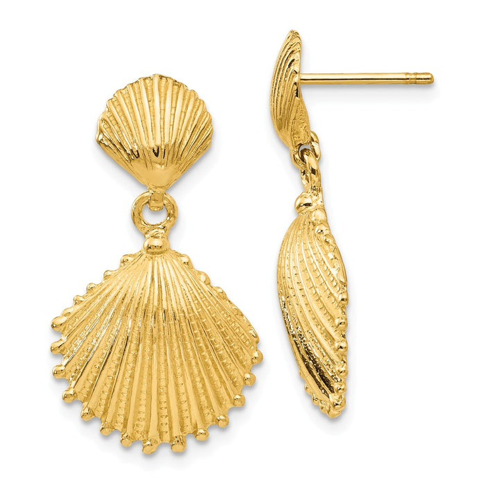 Million Charms 14k Yellow Gold Scallop Shell Dangle Post Earrings, 26mm x 15mm