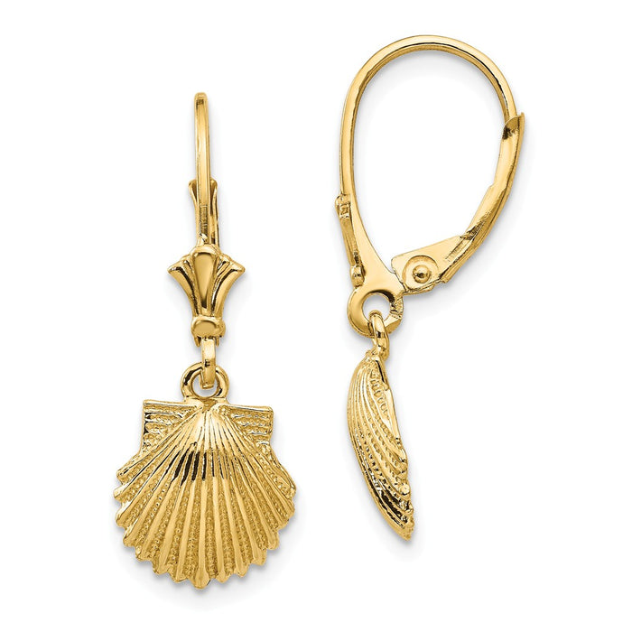 Million Charms 14k Yellow Gold Scallop Shell Leverback Earrings, 28mm x 10mm