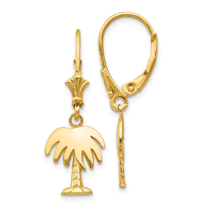 Million Charms 14k Yellow Gold Palm Tree Leverback Earrings, 29mm x 10mm