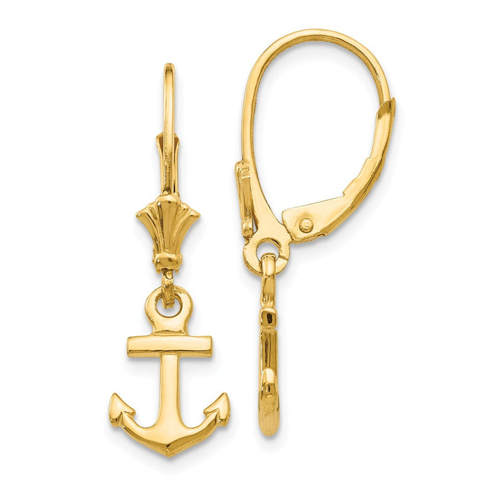Million Charms 14k Yellow Gold Mini Anchor Leverback Earrings, 26mm x 8mm